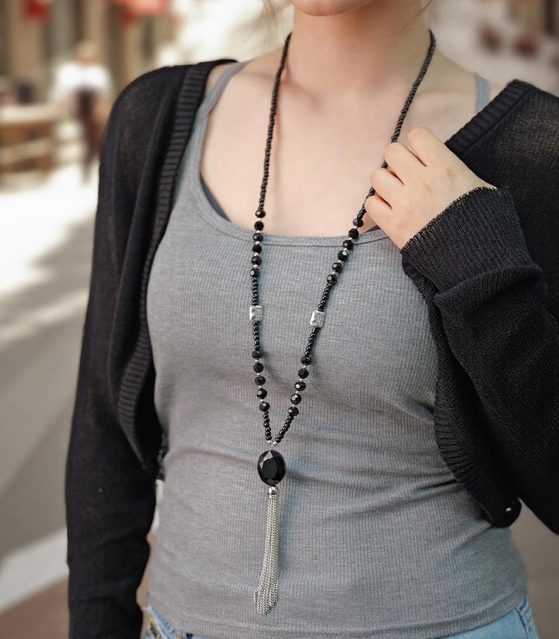 BULINLIN Boho Beaded Long Necklaces for Women Chunky Bead Pendant Necklace with Crystal Tassel Costume Jewelry Gifts for Her - Image 4